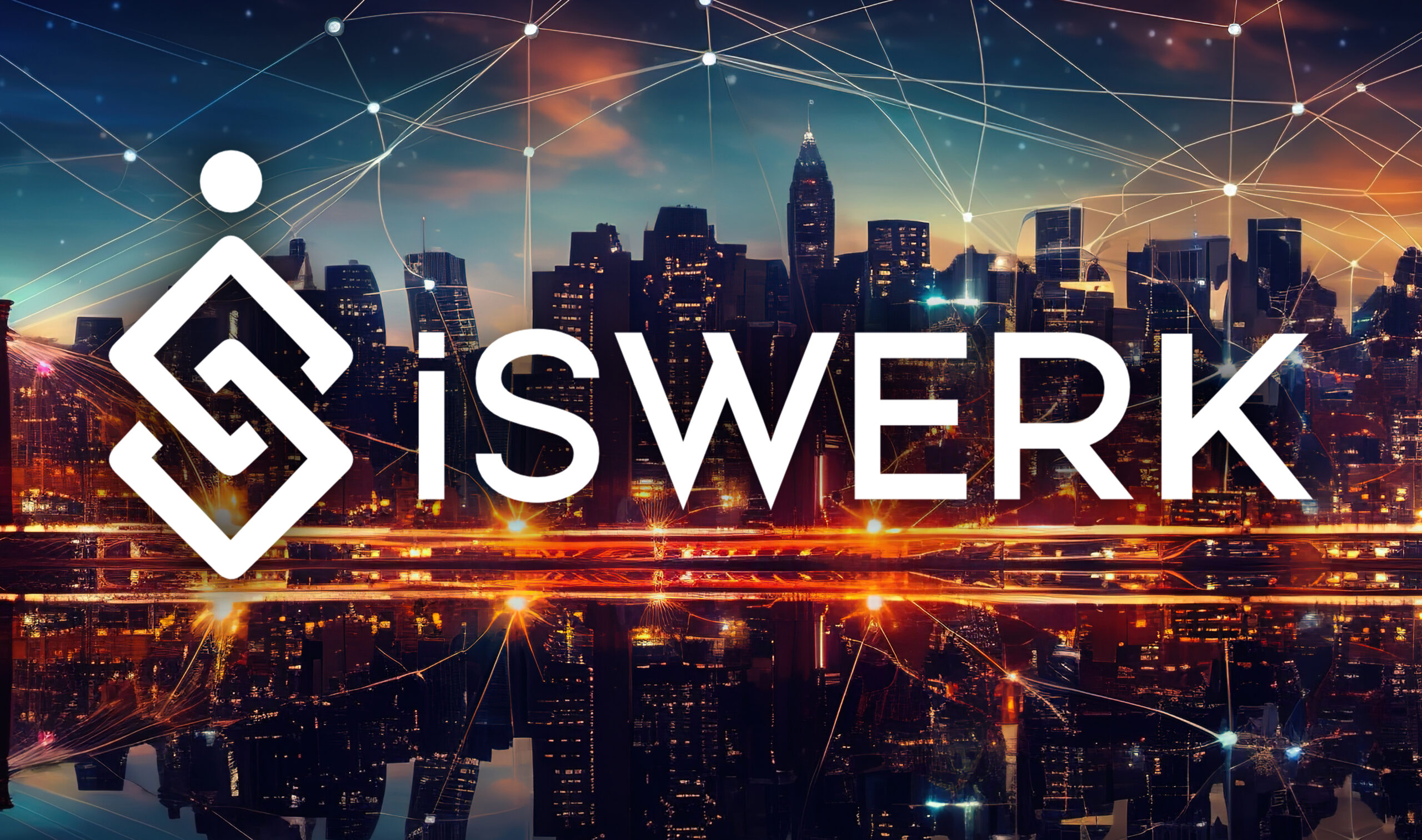 Remote Work -  iSWerk logo providing a barrier for the improved business, amid the massive technological buildings.